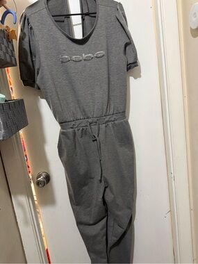 bebe Gray Short-Sleeve Logo Jumpsuit Romper